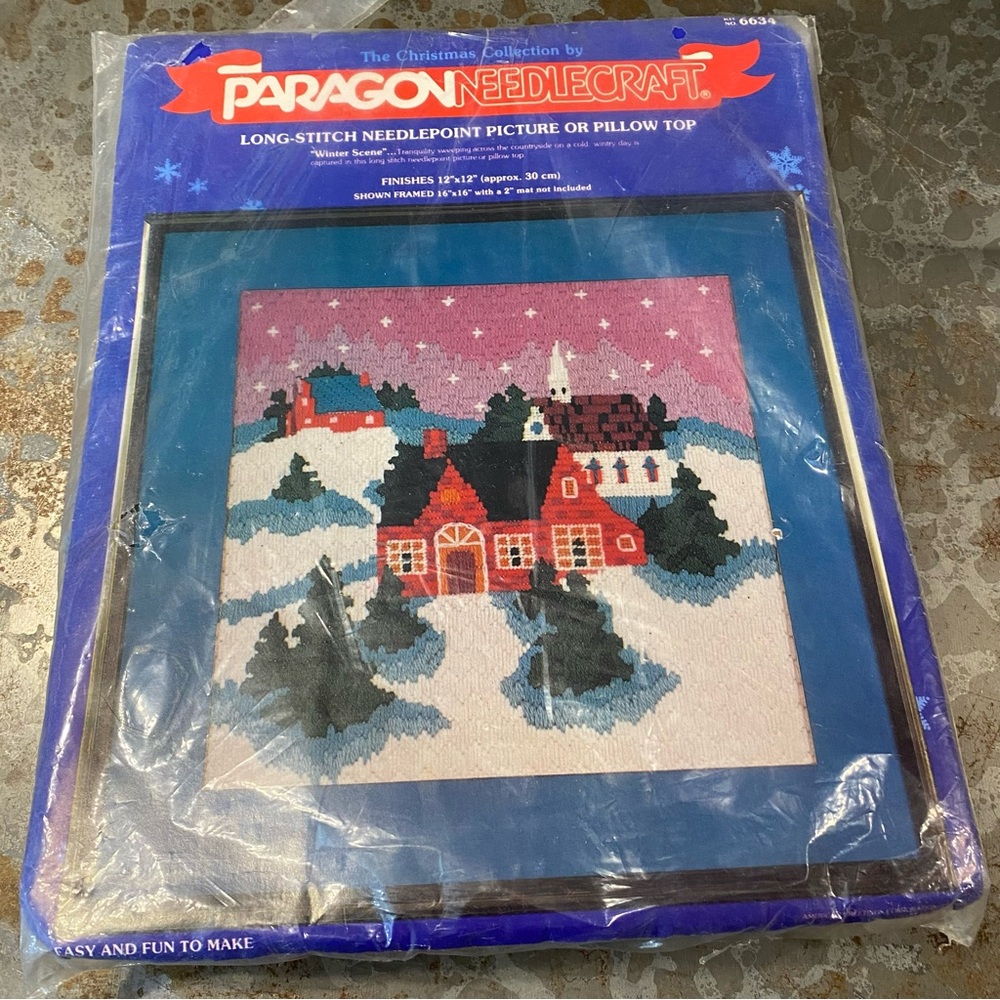 Paragon Long Stitch needle- point picture 12x12 Winter snowflake town NWT craft